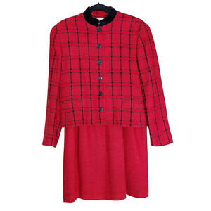 Vintage Evan Picone 2-Pc Christmas Red Plaid Wool Velvet Collar Women's Suit 14